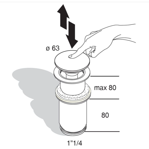 Suljettava pesualtaan pohjaventtiili, 5/4", (H) 10-55mm, iso painonappi/kromi