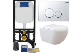 seinä wc-istuinpaketti Creavit Free Rimless, täydellinen toimitus - kromi huuhtelupainike