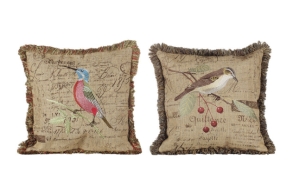 Pellavakankainen tyyny, jossa kirjailtu lintu