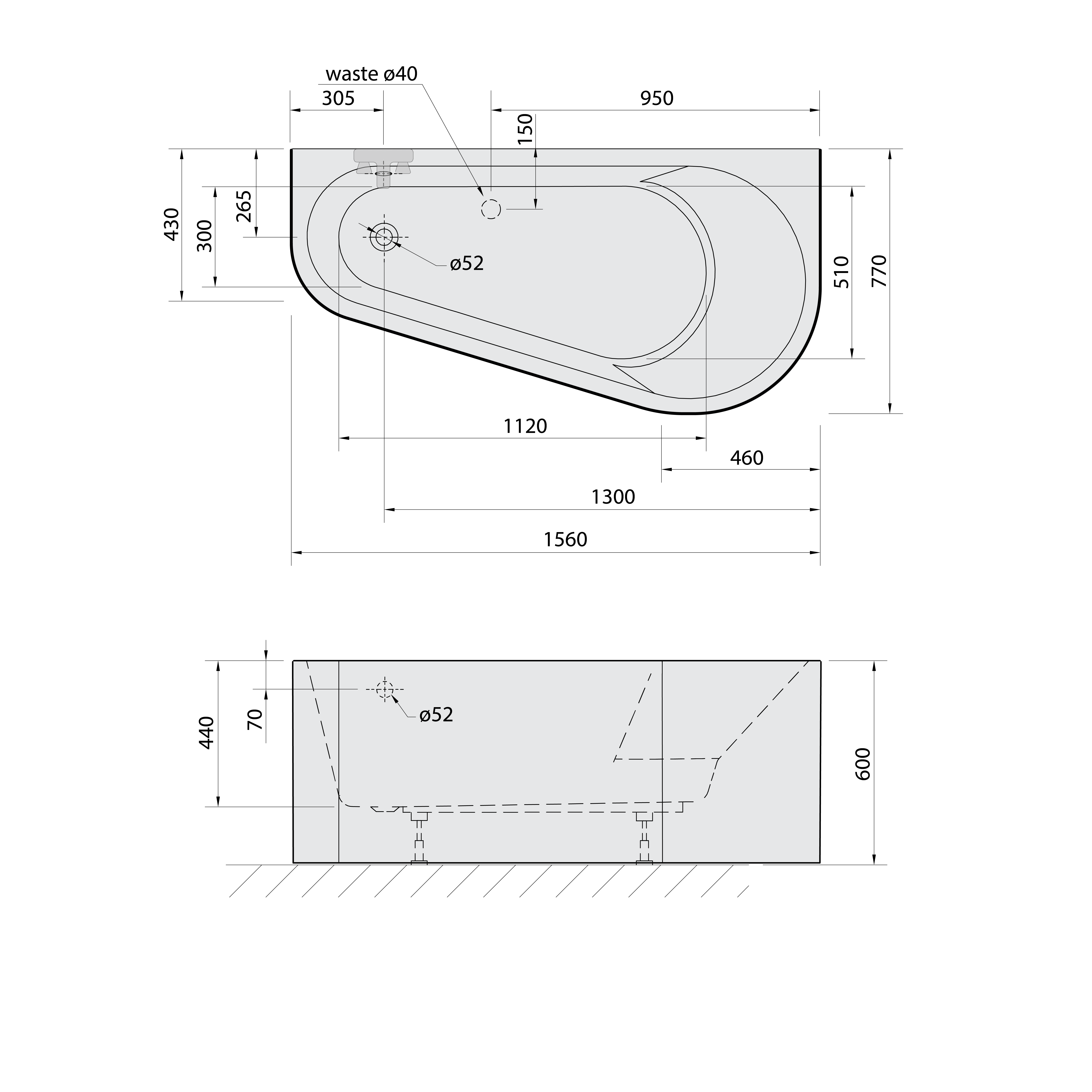 monoliitvann Projekta DR 156x77x60 cm, valge
