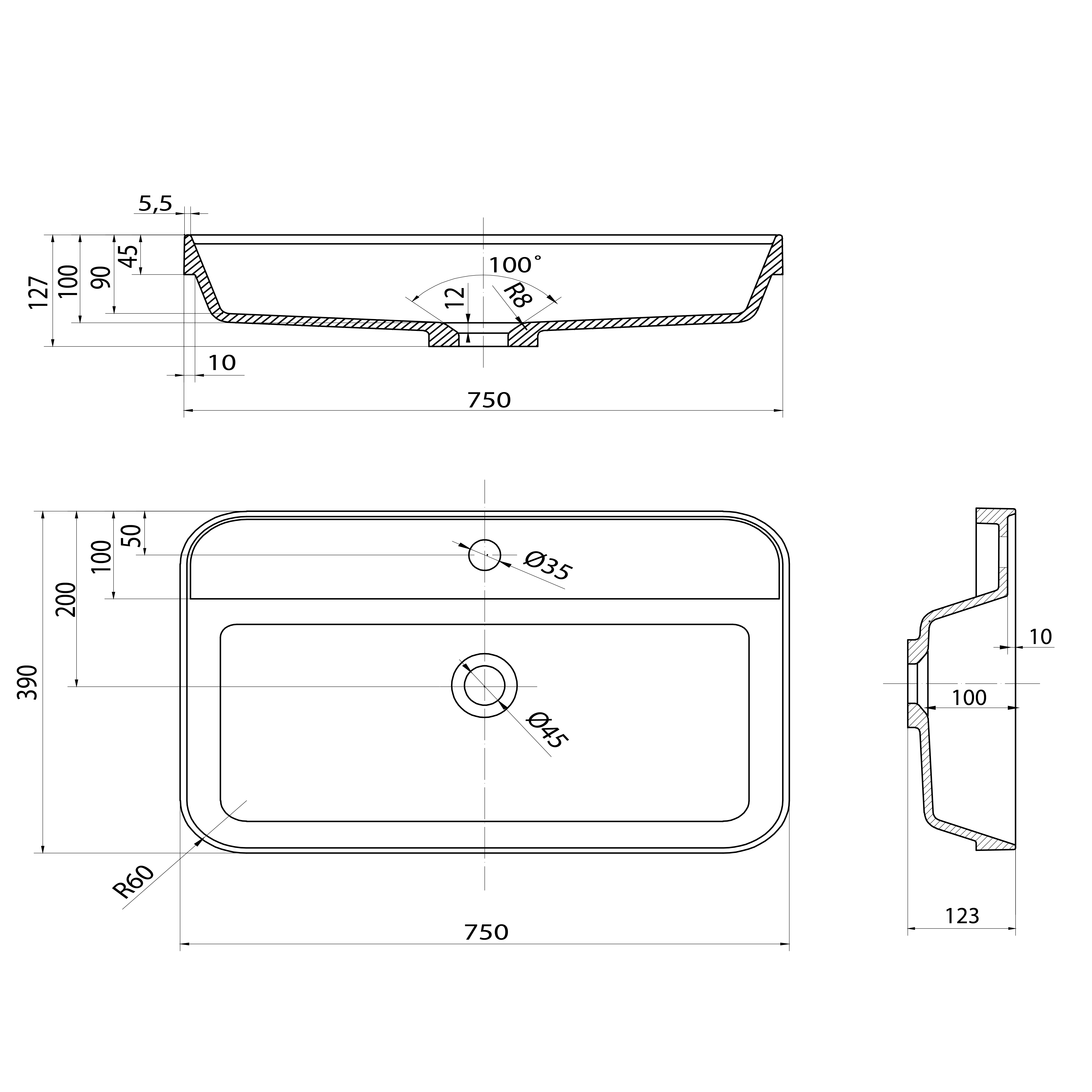 upotettava pesuallas BRAHEA Rockstone, 75x39 cm, valkoinen matta